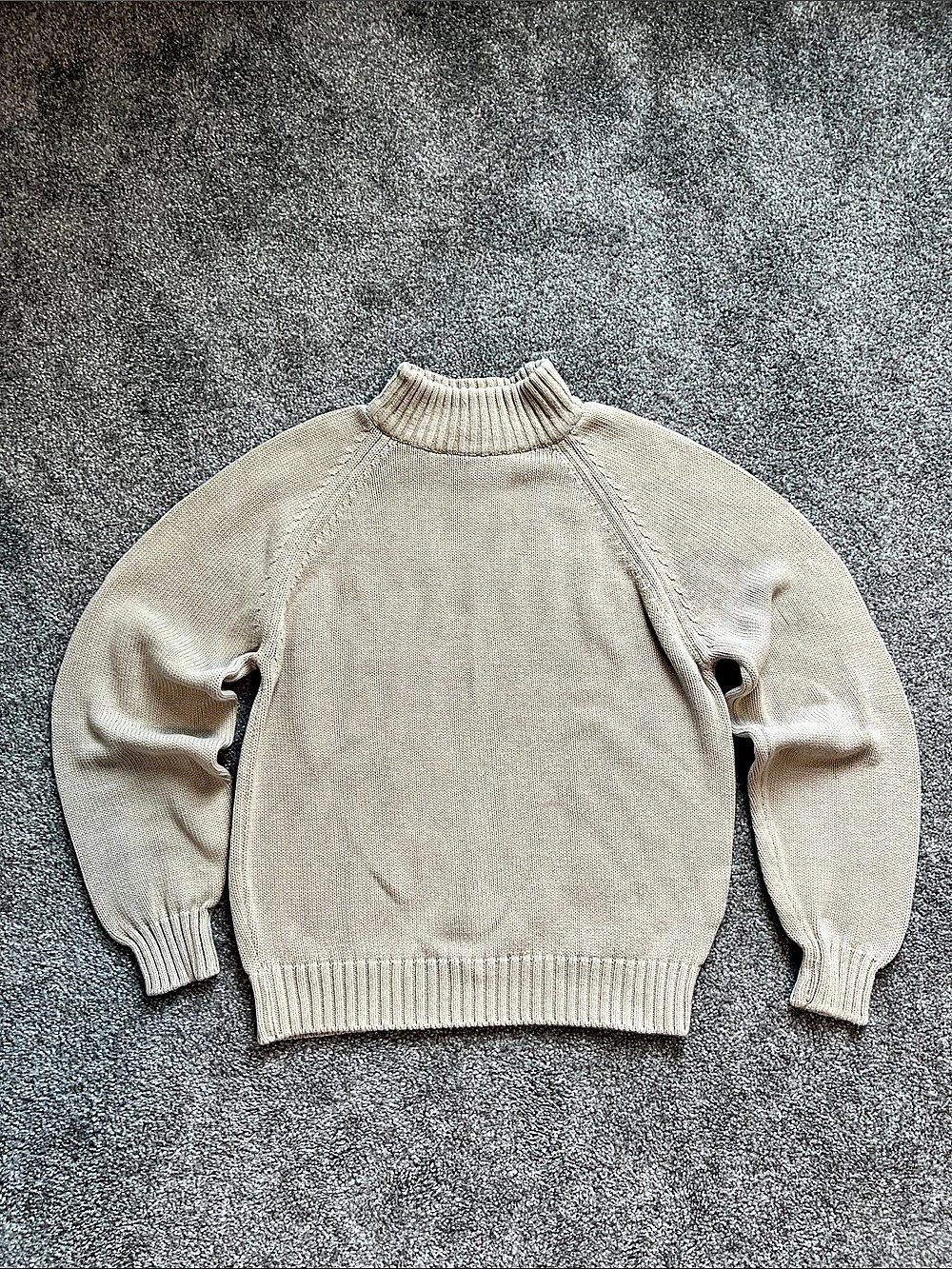 Vintage Lands' End Beige Cotton Mock Neck Ribbed Knit Sweater Made in USA Size S